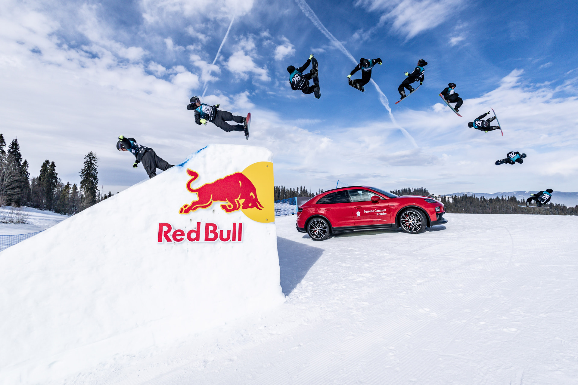 Sekwencja saltowego skoku snowboardzisty nad skocznią